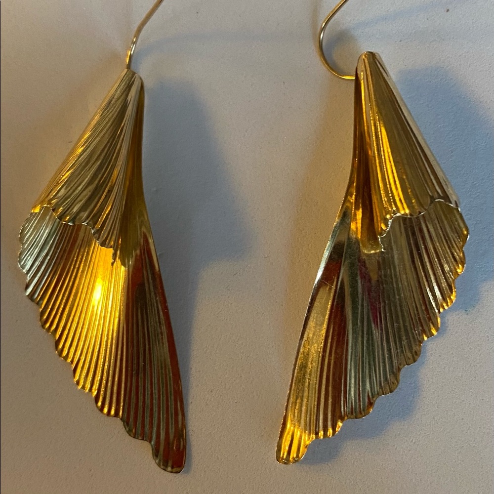 14KT Yellow Gold Handmade Abstract Leaf/Feather Pierced Wire Earrings